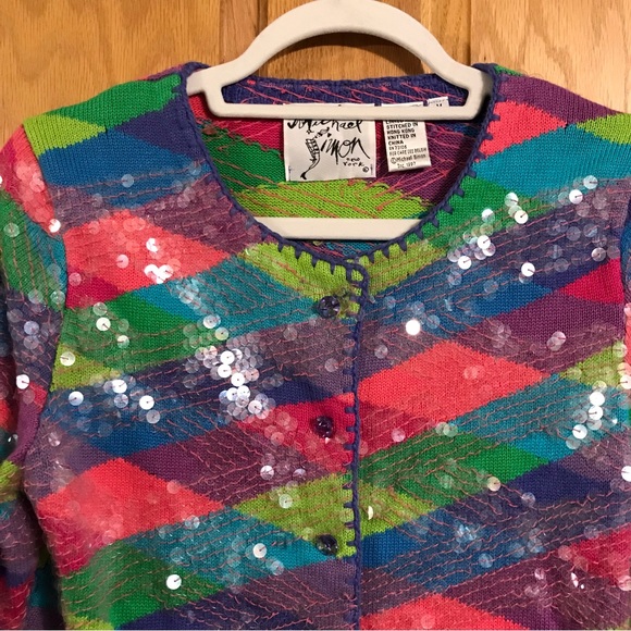 Vintage 90s Michael Simon New York rainbow color cardigan with clear sequins - Picture 2 of 5